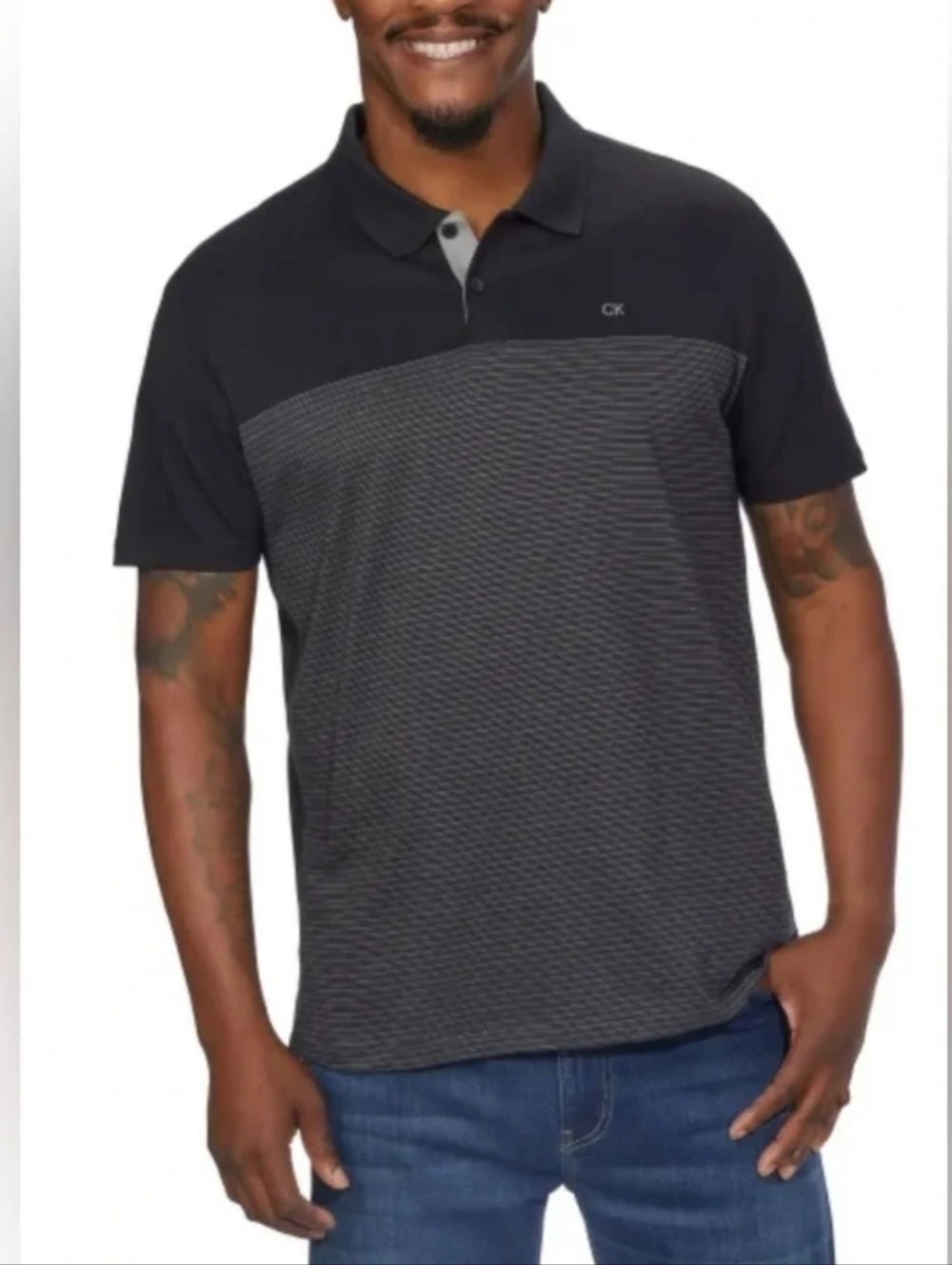NWT Calvin Klein Men’s Colorblock Black Gray Striped Polo 100% Cotton - Large